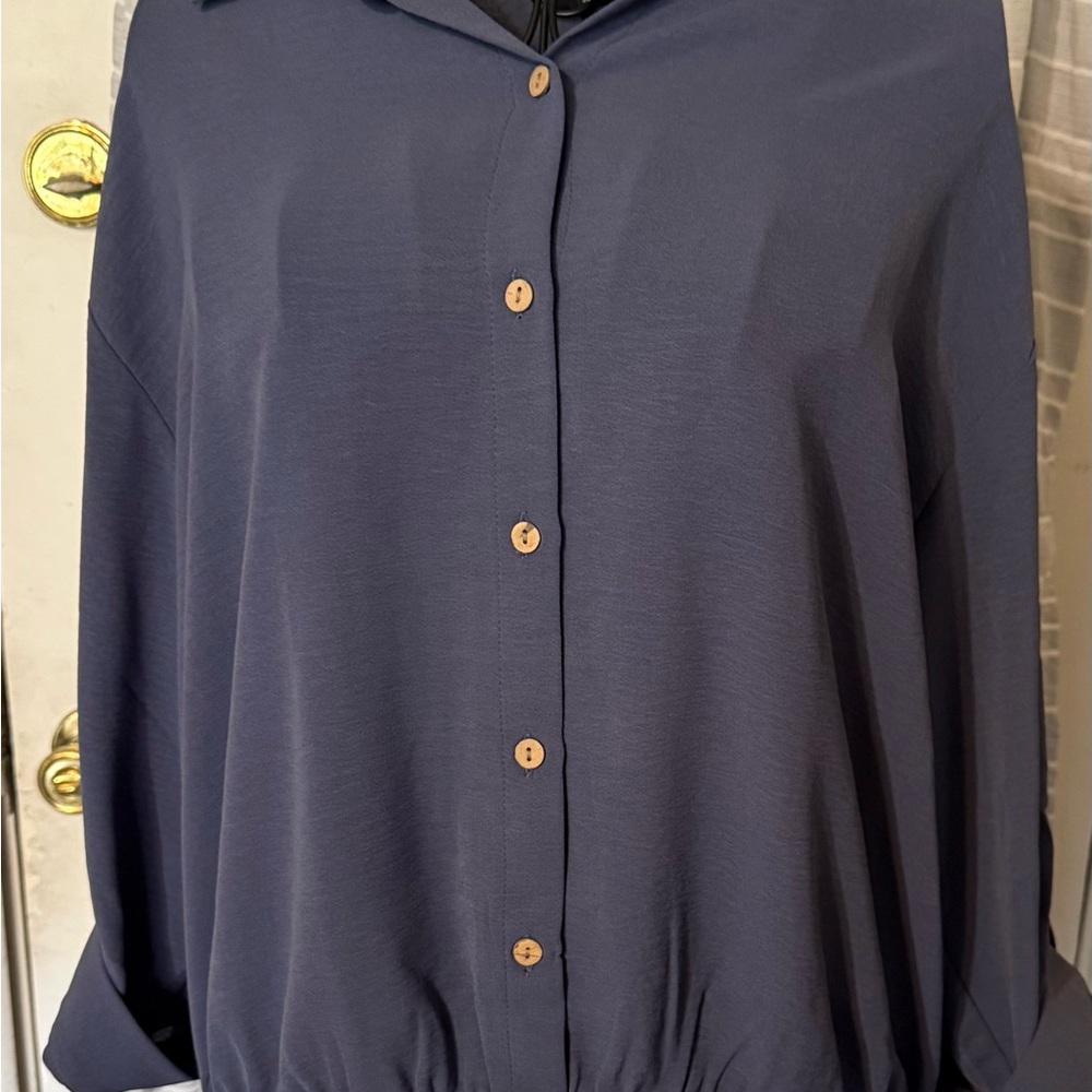 BCX Blue 3/4 Sleeve Notched Collar Button Down Shirt